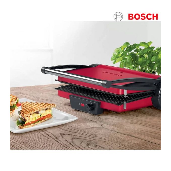 Bosch TCG4104 Grill Panini 3en1 ouvrable 180°, T° réglable , Antiadhésif ,  rouge/Inox , 2000W – Radia Electro